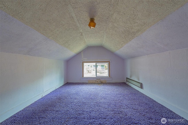 5507 N 45th St, Tacoma, WA 98407 - additional living space featuring a textured ceiling, carpet floors, vaulted ceiling, a baseboard radiator, and a textured wall