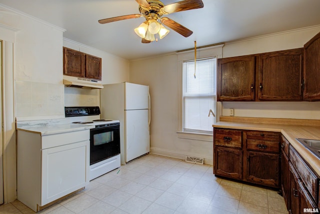 kitchen featuring ceiling fan, white appliances, dark brown cabinets, and light tile floors