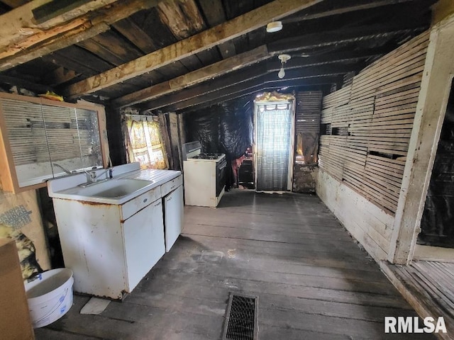 basement with dark hardwood / wood-style flooring and sink