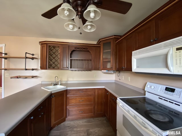 kitchen with dark wood-type flooring, ceiling fan, sink, and white appliances