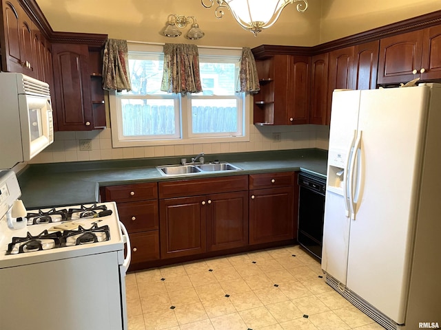 kitchen featuring decorative backsplash, white appliances, and sink