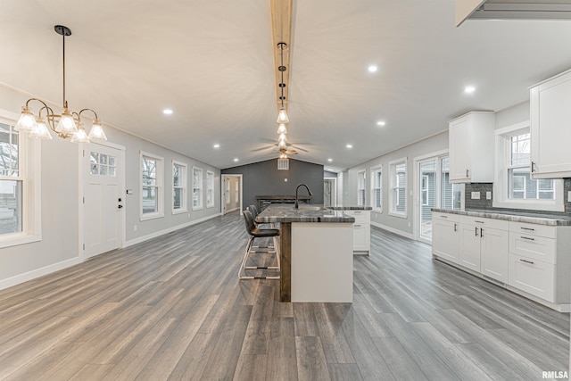 kitchen featuring hardwood / wood-style flooring, a wealth of natural light, and white cabinetry