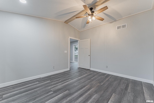 empty room with ceiling fan, ornamental molding, dark hardwood / wood-style floors, and vaulted ceiling