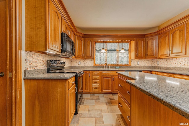 kitchen featuring black appliances, decorative backsplash, and stone countertops