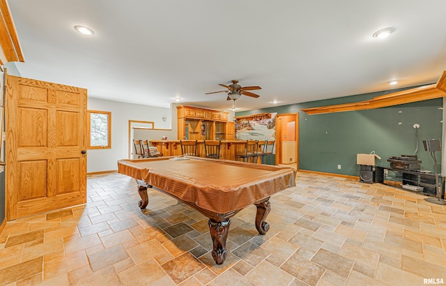 recreation room with ceiling fan, billiards, and bar area