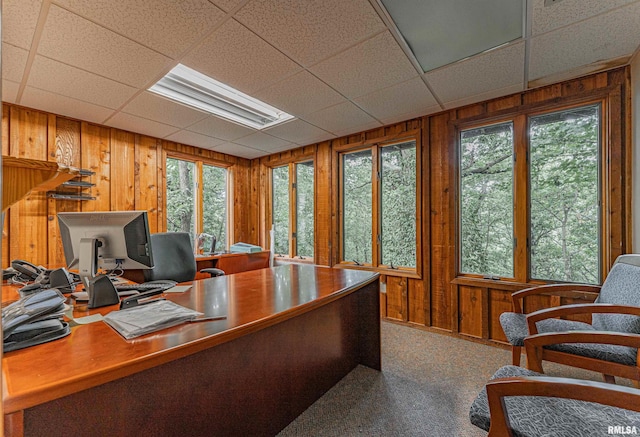 office featuring a paneled ceiling, wood walls, and carpet flooring