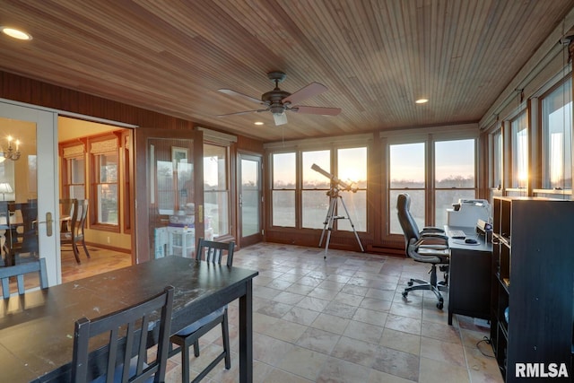 sunroom / solarium with wooden ceiling, ceiling fan, and french doors