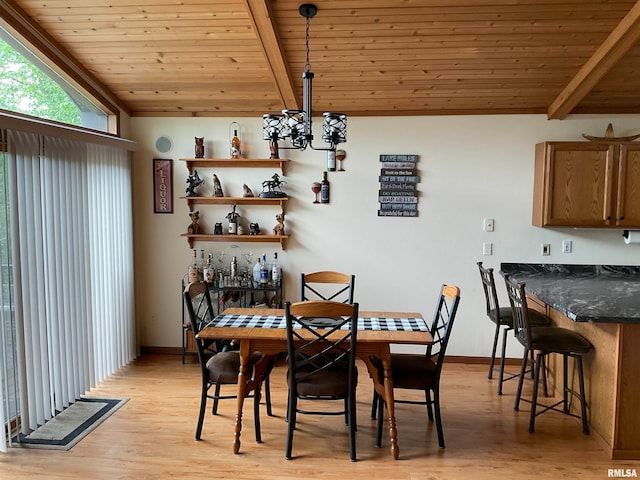 dining room featuring wooden ceiling, lofted ceiling with beams, and light wood-type flooring