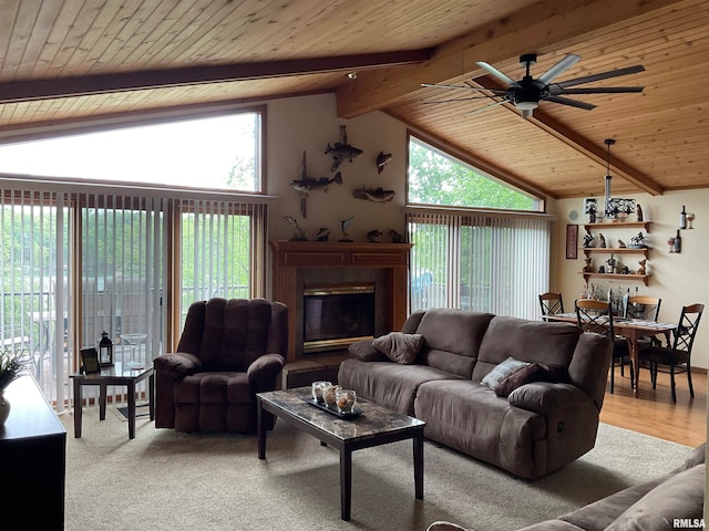 living room featuring wooden ceiling, hardwood / wood-style flooring, and vaulted ceiling with beams