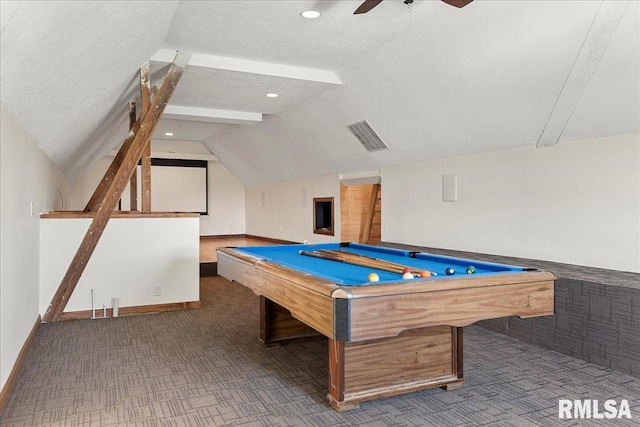 rec room featuring a textured ceiling, pool table, ceiling fan, and vaulted ceiling