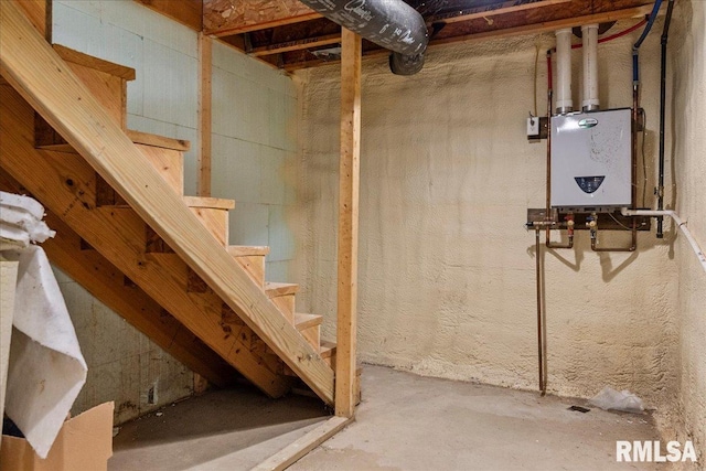 basement with tankless water heater