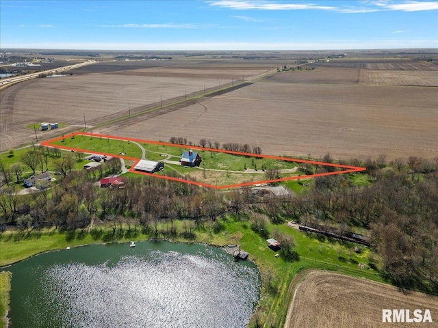 aerial view featuring a rural view and a water view