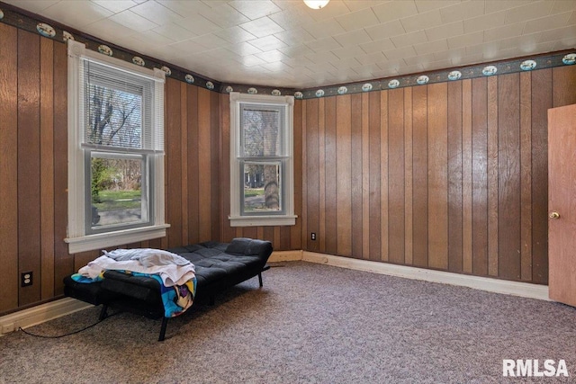 living area with wood walls and carpet floors