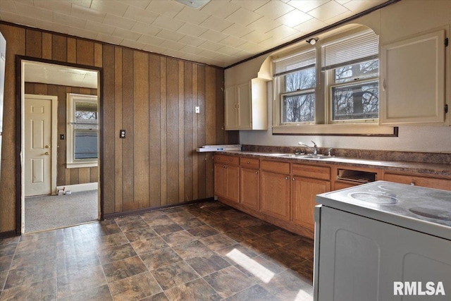 kitchen featuring stove, wooden walls, and sink