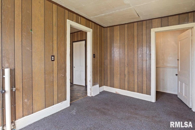 empty room with dark colored carpet and wooden walls