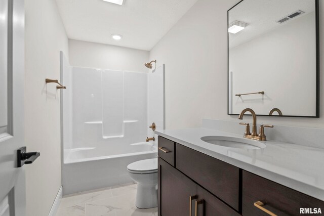 full bathroom featuring shower / tub combination, vanity, and toilet