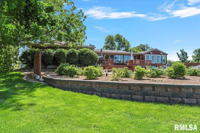 view of yard with a wooden deck