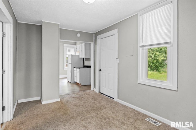 carpeted empty room with a textured ceiling