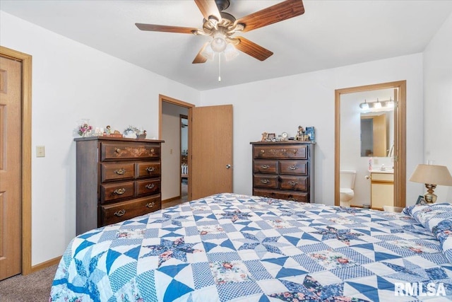 carpeted bedroom with ceiling fan and connected bathroom