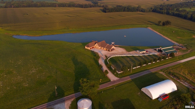 bird's eye view featuring a rural view and a water view