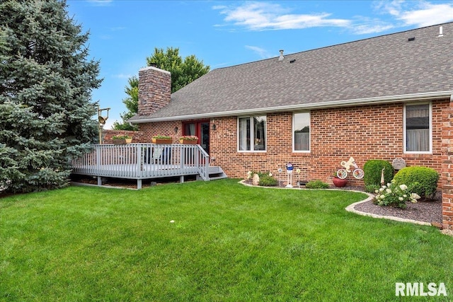 5001 Wildcat Run, Springfield, IL 62711 - rear view of property with a shingled roof, a chimney, a yard, and a wooden deck