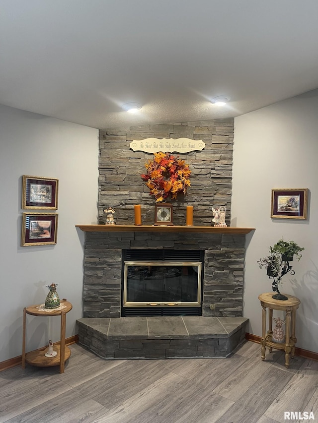 details featuring a stone fireplace and hardwood / wood-style flooring