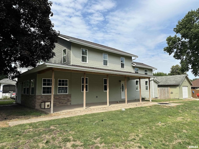 farmhouse-style home featuring a patio, a shed, and a front lawn