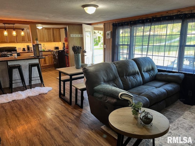 living room featuring wood-type flooring and a textured ceiling