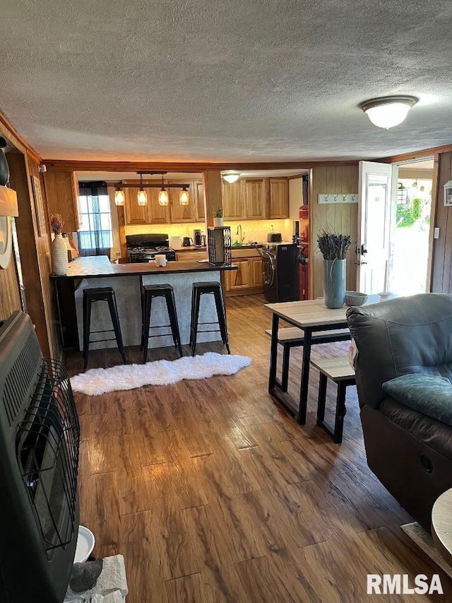 living room featuring sink, a textured ceiling, and hardwood / wood-style flooring