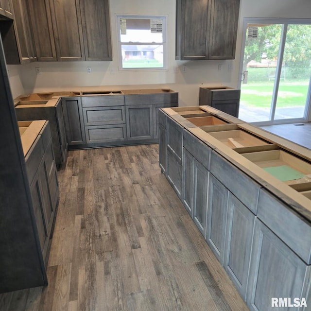 kitchen with dark brown cabinets, a healthy amount of sunlight, and dark hardwood / wood-style flooring