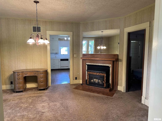 212 S Broadway St, Stronghurst, IL 61480 - unfurnished living room with crown molding, carpet floors, a chandelier, a textured ceiling, and wallpapered walls