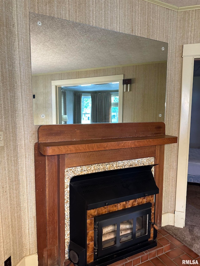 interior details with tile patterned floors and a textured ceiling