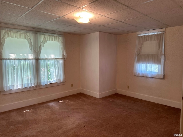 carpeted spare room with a paneled ceiling