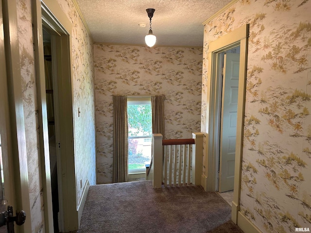 corridor featuring carpet floors and a textured ceiling