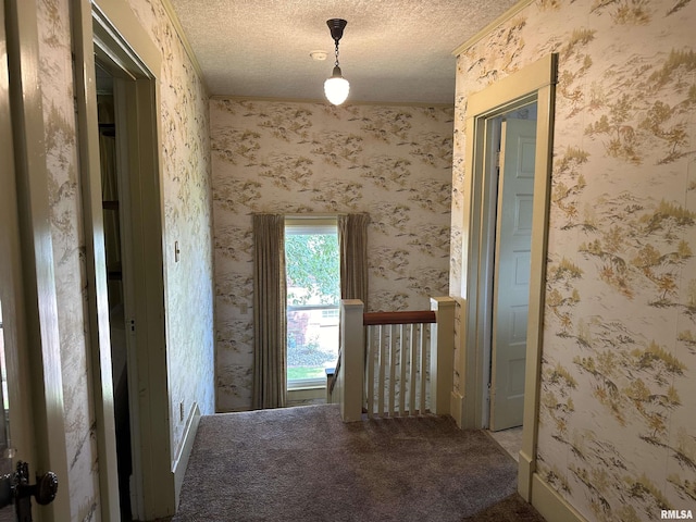 212 S Broadway St, Stronghurst, IL 61480 - hallway with an upstairs landing, a textured ceiling, wallpapered walls, and carpet floors