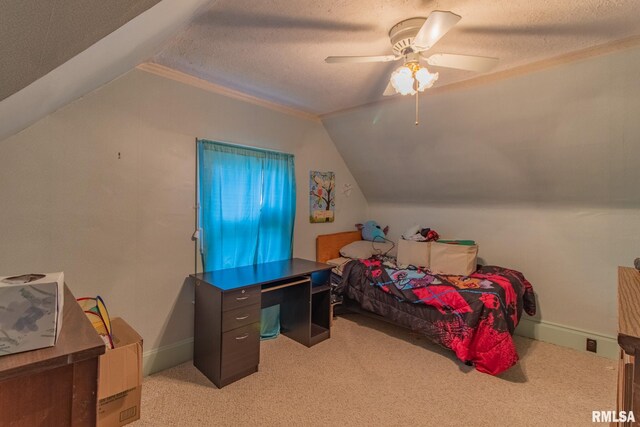 carpeted bedroom with a textured ceiling, ceiling fan, and lofted ceiling