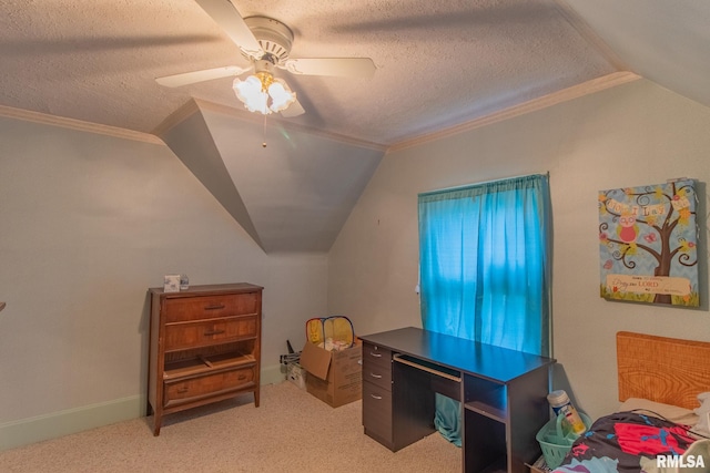 office featuring a textured ceiling, carpet floors, lofted ceiling, and ceiling fan