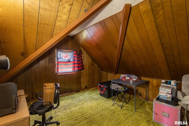 home office with vaulted ceiling, wooden walls, and wood ceiling