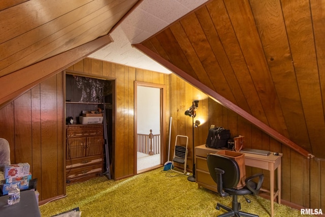 office featuring wood ceiling, wood walls, vaulted ceiling, and carpet flooring