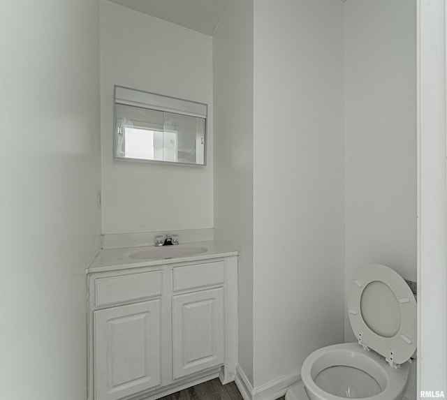 bathroom with vanity, wood-type flooring, and toilet