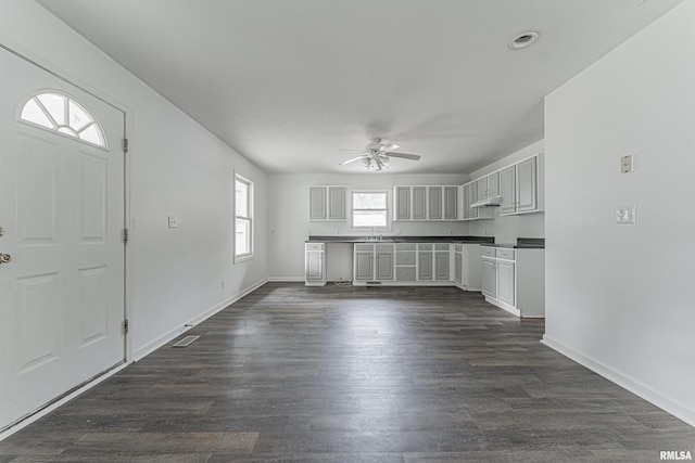 interior space with ceiling fan, dark hardwood / wood-style floors, and sink