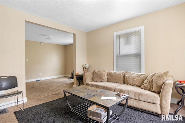 carpeted living room with a textured ceiling