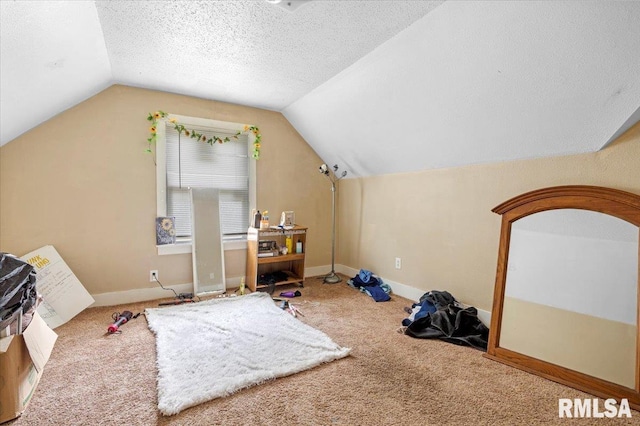 interior space featuring lofted ceiling, carpet floors, and a textured ceiling