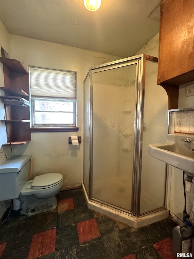 bathroom featuring a shower stall and toilet