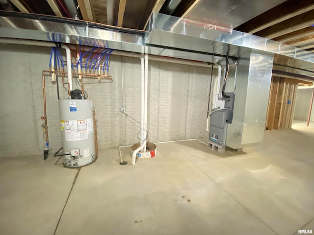 basement with heating unit and water heater