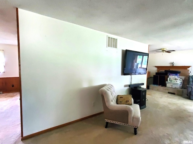 living area with ceiling fan, carpet flooring, and a textured ceiling