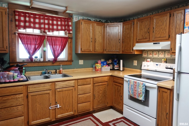 380 Maple Ave, Galesburg, IL 61401 - kitchen featuring under cabinet range hood, white appliances, light countertops, and a sink