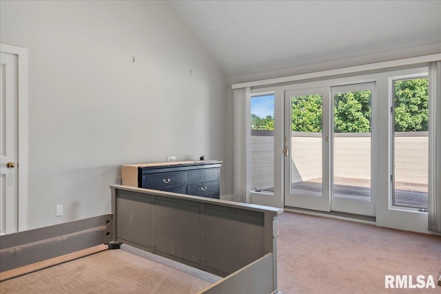 unfurnished office featuring vaulted ceiling and light carpet