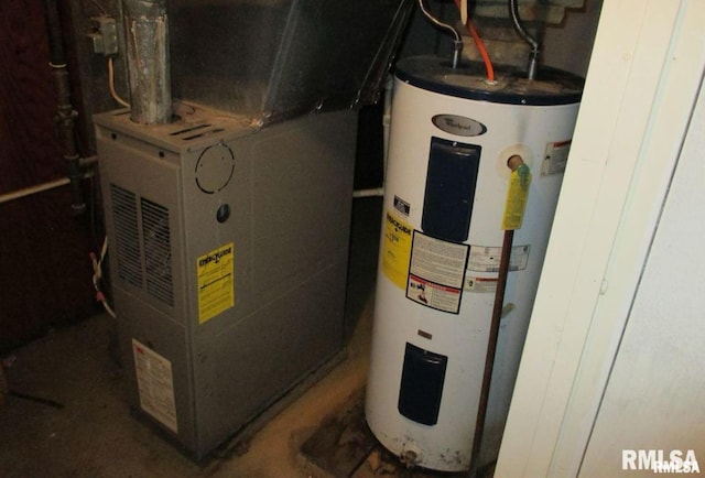 utility room featuring electric water heater and heating unit