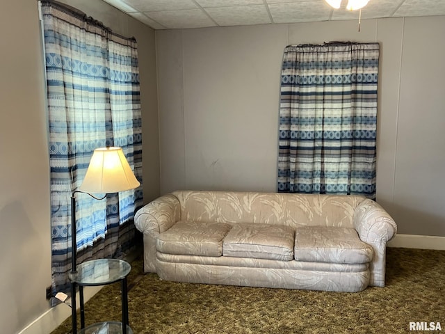 living room with carpet flooring and a drop ceiling